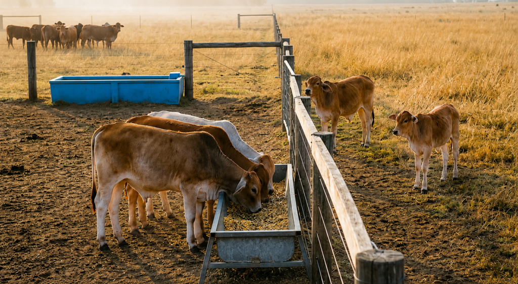 weaned calves eating cattle feed after separation during post weaning transition