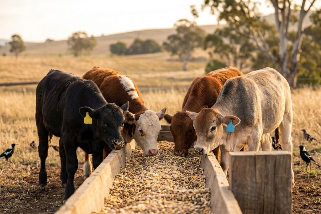 weaner calves eating cattle feed after separation

